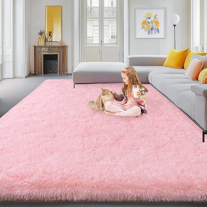 9x12 Large Area Rugs for Living Room, Soft Pink Fluffy Shag Rug for Bedroom, Non-Slip Modern Indoor Plush Shaggy Floor Carpet, Big Fuzzy Rugs for Nursery, Kids & Girls Room, Dorm, Home Decor