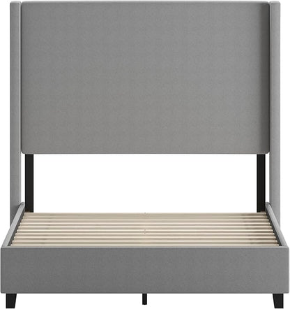 EMMA + OLIVER Nora Full Size Faux Linen Upholstered Platform Bed with Plush Padded Wingback Headboard (No Box Spring Needed), Modern Upholstered Headboard Full Bed Frame, Gray