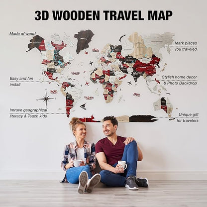Handmade 3D Wood World Map Wall Art Large Wall Decor Track Your World Travels - Special for Home, Kitchen and Office (Large, Urban)