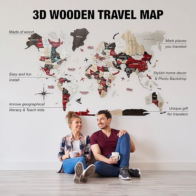 Handmade 3D Wood World Map Wall Art Large Wall Decor Track Your World Travels - Special for Home, Kitchen and Office (Medium, Urban)