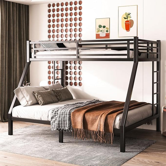 Twin XL Over Queen Bunk Bed Frame, Heavy Duty Metal Loft Bed for Adults/Teens, 350/600LB Capacity w/Ladder & Guardrail, Noise-Free Steel Slats, No Box Spring Required, Black