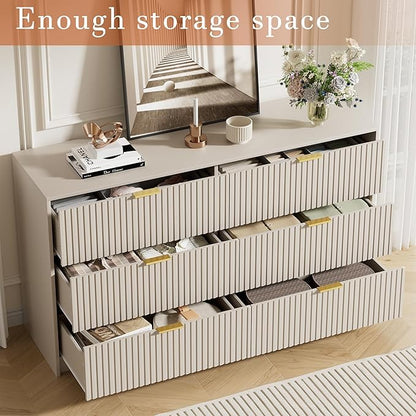 Beige Dresser for Bedroom, Modern Dresser with 6 Drawers and Smooth Slides, Wide Chest of Drawers with Golden Handles for Bedroom, Living Room, Closet, 15.7" D x 55.1" W x 31.4" H
