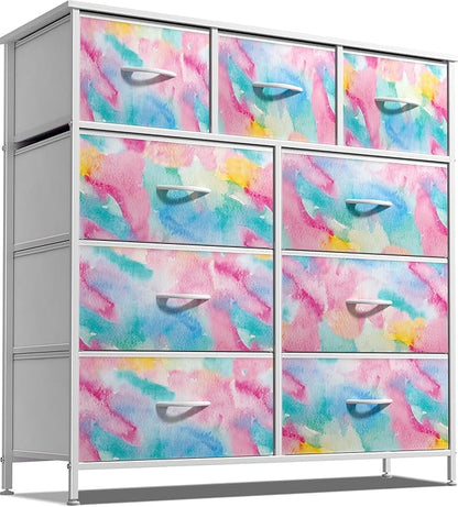 Sorbus Dresser with 9 Drawers - Furniture Storage Chest for Kid’s, Teens, Bedroom, Nursery, Playroom, Clothes, Toys - Steel Frame, Wood Top, Fabric Bins (Tie-dye)