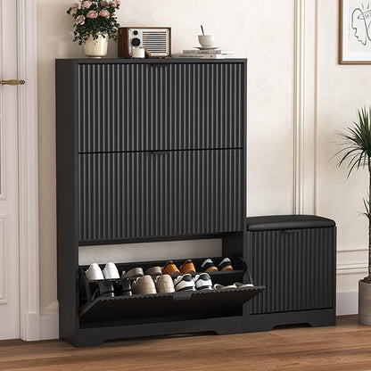 Shoe Cabinet Storage for Entryway with 4 Flip Drawers, Black Fluted Shoe Cabinet with Bench, Wooden Hidden Shoe Rack Freestanding Narrow Slim Shoes Storage Organizer for Hallway, Entrance