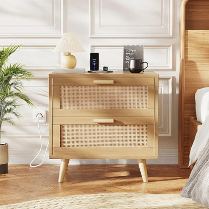 Rovaurx Rattan Nightstand with 2 Drawers, Bedside Table Small Night Stand with Charging Station, End Table for Bedroom, Boho Side Table with Solid Wood Legs for Bedroom, Modern Natural RCTG111ME