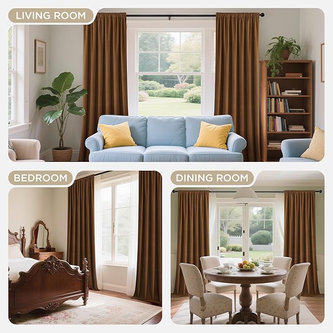 Joydeco Golden Brown 100% Blackout Curtains 96 Inch 2 Panels, Luxury Thermal Brown Velvet Curtains for Bedroom Living Room, Soundproof Blackout Window Drapes, Rod Pocket & Back Tab (52W x 96L)