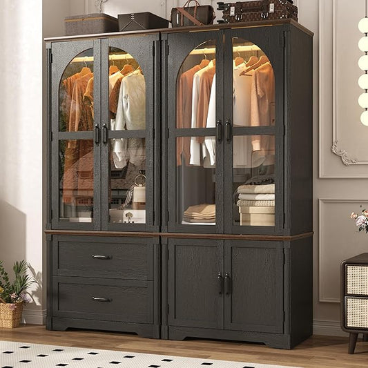 Tall Farmhouse 4 Doors Armoire Wardrobe Closet with LED ,72" Freestanding Arched Wardrobe Closet Cabinet for Bedroom w Glass Doors/Drawers,Wooden Clothing Storage Cabinet,Closets for Bedroom(Black)
