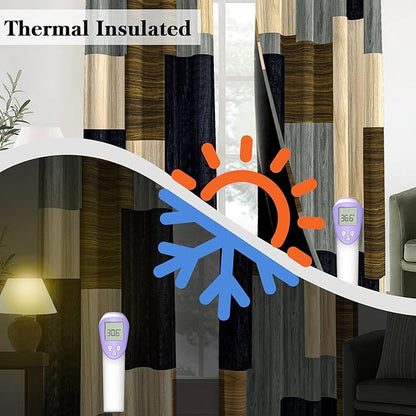 Wood Print Retro 100% Blackout Curtains for Bedroom 84 inch Long 2 Panels Set Modern Abstract Geometric Black Out Curtains Insulated Room Darkening Window Drapes for Living Room, 52Wx84L