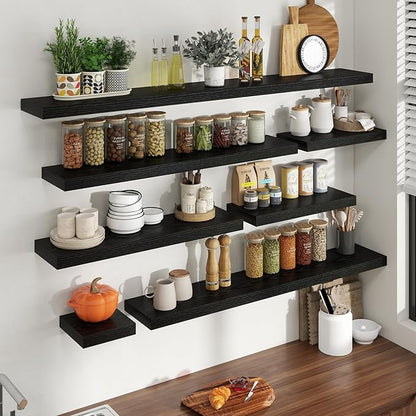 30 Inch Floating Shelves for Wall, 8 Inch Deep Floating Shelf for Storage & Display, Rustic Wall Mounted Shelf with Invisible Brackets for Living Room, Kitchen, Bathroom, Home Decor, Set of 2, Black
