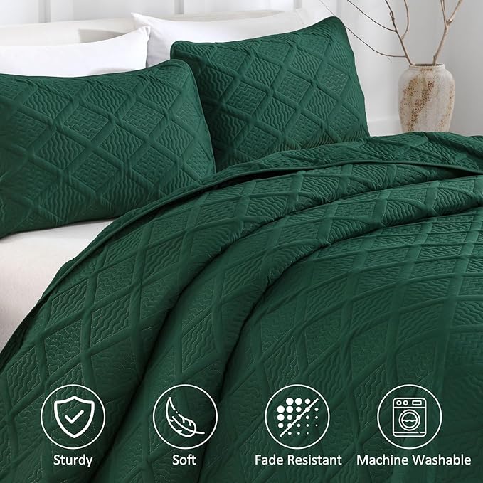 Yiran California King Quilt Set, Emerald Green Oversized Bedspread Bedding Set, Lightweight Diamond Pattern Soft Microfiber Modern Style Coverlet with 2 Pillow Shams 112x104 inch