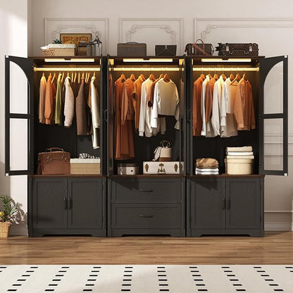 Tall Farmhouse 6 Doors Armoire Wardrobe Closet with LED ,72" Freestanding Arched Wardrobe Closet Cabinet for Bedroom w Glass Doors/Drawers,Wooden Clothing Storage Cabinet,Closets for Bedroom(Black)