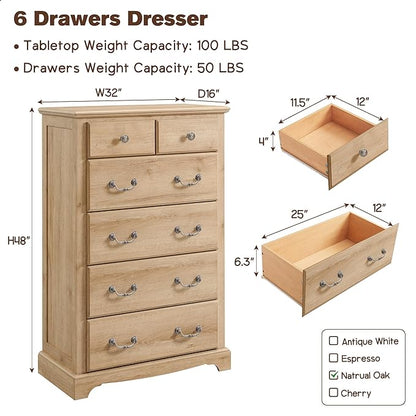 T4TREAM 6 Drawers Dresser Chests for Bedroom, 48" Tall Rustic Chset of Drawers, Wood Dressers Organizer for Bedroom, Living Room,Hallway, Natural Oak