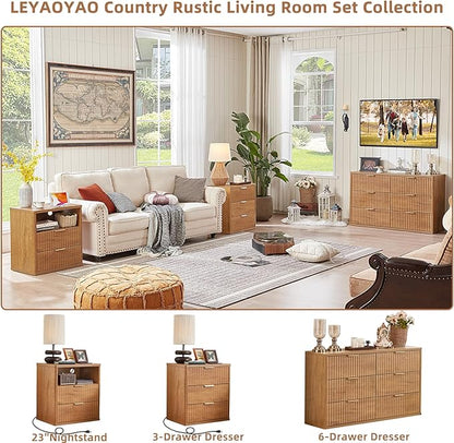 LEYAOYAO 48" Wide Fluted Dresser and 23" Nightstand Set of 2, Wooden Dresser & Night Stand with Charging Station, 3 Piece Bedroom Furniture Set, Chest of Drawer for Living Room,Brown