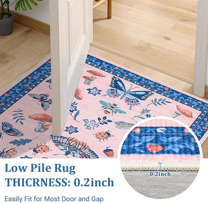 Mushroom Insect Washable Rug 5x7 Area Rugs for Bedroom Non Slip with Rubber Back Low Pile Stain Resistant Modern Butterfly Carpet for Living Room Nursery Kitchen Dining Room Blue Pink