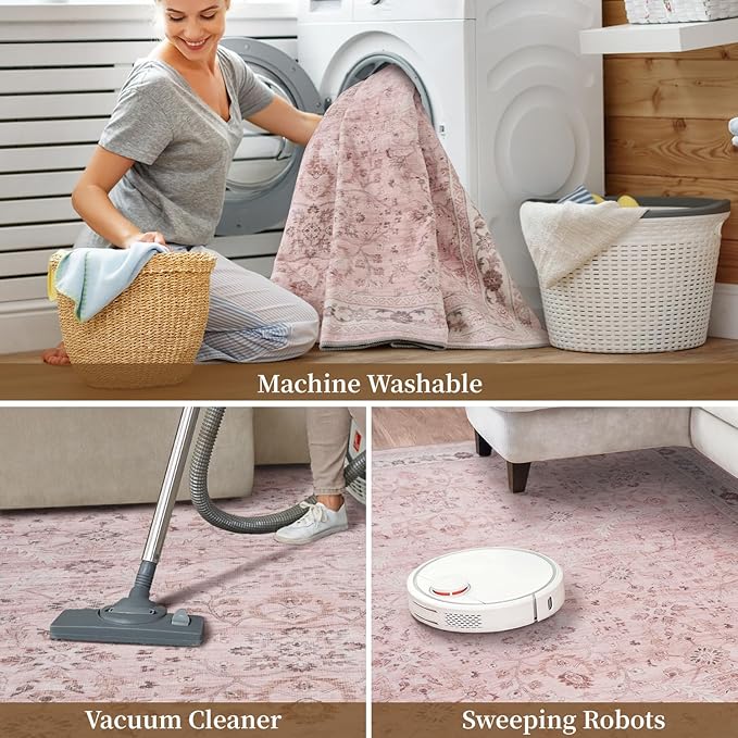 MontVoo-Vintage Area Rugs 8X10 Pink Rugs for Living Room-Soft Distressed Printed Rugs for Bedroom-Non Slip Carpet-Machine Washable Rug for Dining Room Living Room Bedside Office