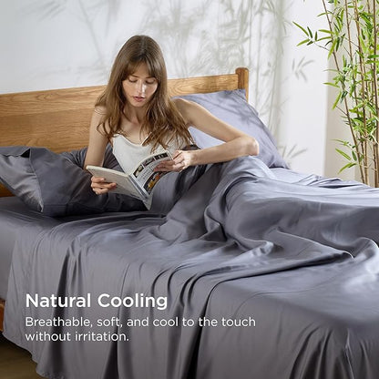Bedsure California King Sheet Sets, Cooling Sheets, Rayon Derived from Bamboo, Breathable & Soft, Deep Pocket Up to 16 Inches, Hotel Luxury Silky Bedding for Hot Sleepers, Dark Grey