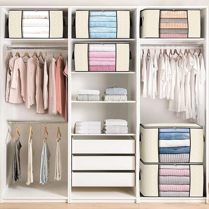 90 L Large Storage Bags, 4 Pack Clothes Storage Bins Foldable Closet Organizers Storage Containers with Reinforced Handle for Clothing, Blanket, Comforters, Bed Sheets, Pillows and Toys (Beige)