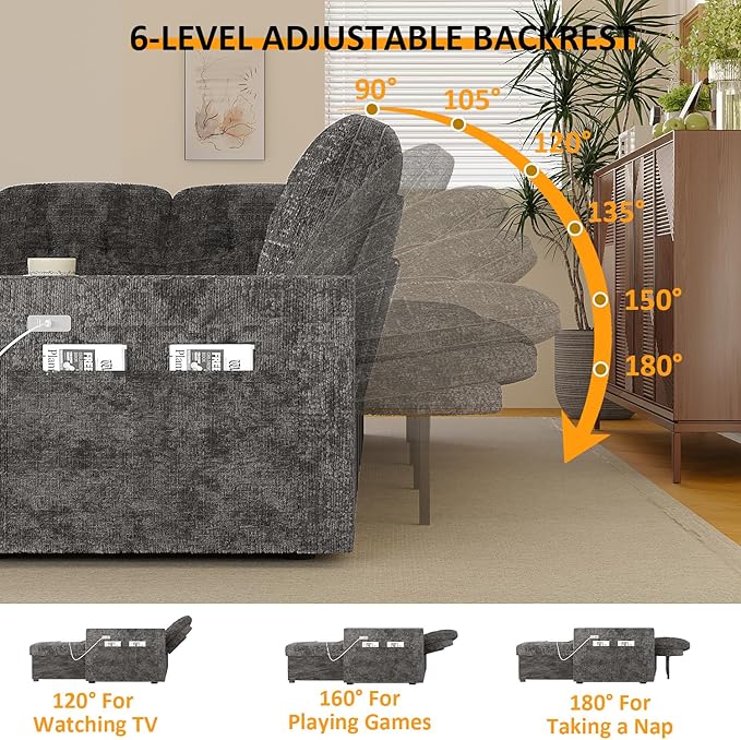 4 in 1 Sleeper Sofa Bed, 90 Inch Pull Out Couch Bed with Adjustable Backrest | Reversible Storage Chaise | Wide Armrest | Tool Free Assembly, Sectional Couches for Living Room, Grey Chenille