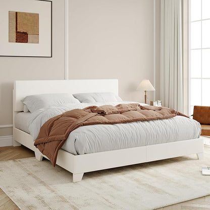 Allewie Full Size Bed Frame with Adjustable Headboard, Faux Leather Platform Bed with Wood Slats, Heavy Duty Mattress Foundation, No Box Spring Needed, Noise-Free, Easy Assembly, White