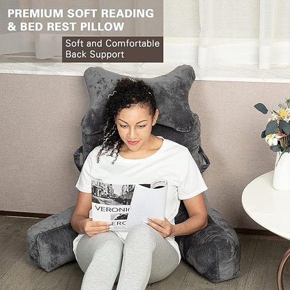 SLIGUY Reading Pillow-Bed Rest Pillow with Detachable Neck Roll & Support Arm for Sitting in Bed Couch or Floor-Backrest Reading Pillow Adult Back Pillow for Reading/Watching TV/Gaming,Dark Grey