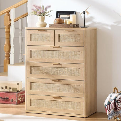 LEYAOYAO Rattan Dresser for Bedroom Set of 2, 41" Tall Chest of Drawers, Modern 6 Drawers Boho Dressers with Storage, Light Oak Dresser Wooden Closet Organizer for Living Room, Hallway, Natural Wood