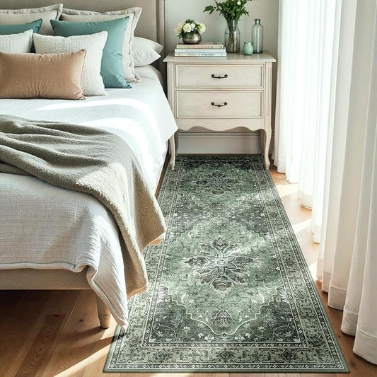 Area Rugs 3'x8' Washable Non-Slip, Floral Vintage Distress Print Pattern Medallion Carpet for Living Room Bedroom Dining Room, Dark Green Gray