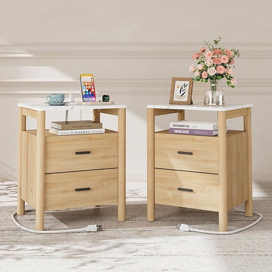 FavourLife Night Stand Set 2, 20" Wide Nightstands Set of 2, Nightstand with Charging Station & Faux Marble Top, 2 Drawer End Table with Solid Round Post Legs, Bedside Table for Bedroom, Natural Oak