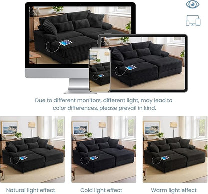 74" Double Chaise Lounge Chair Indoor, Oversized Loveseat with Removeable Ottoman, Corduroy Couch with USB Charging, Storage Ottoman, and Coffee Table Cushions for Living Room (2 Chaise Black)
