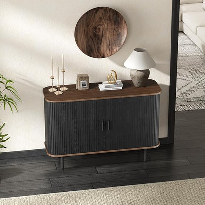 47''W x 32''H Black Buffet Sideboard Cabinet with Storage, Fluted Accent Storage Cabinet with Curvy Edge; Sliding Door, Freestanding Credenza, Console Table for Living Room, Kitchen, Hallway
