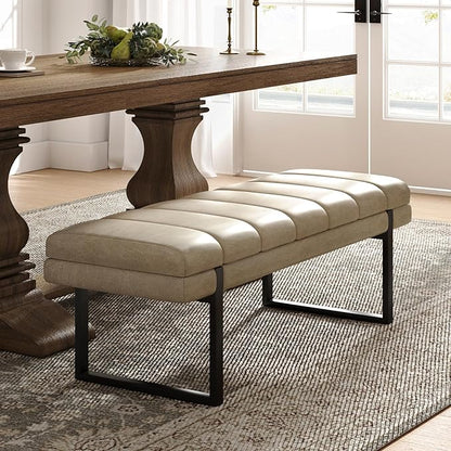HULALA HOME 53" Faux Leather Entryway Bench, Button Tufted End of Bed Bench Ottoman for Bedroom, Living Room with Metal Base,Beige