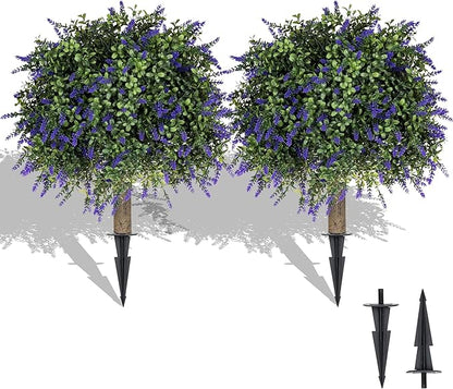 Artificial Lavender Topiary Ball Trees, 2 Pcs 23.6" Faux Lavender Bushes with 4 Ground Spikes, Fake Evergreen Plants for Home, Garden, Yard, Patio, Front Porch Decor