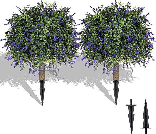 Artificial Lavender Topiary Ball Trees, 2 Pcs 23.6" Faux Lavender Bushes with 4 Ground Spikes, Fake Evergreen Plants for Home, Garden, Yard, Patio, Front Porch Decor