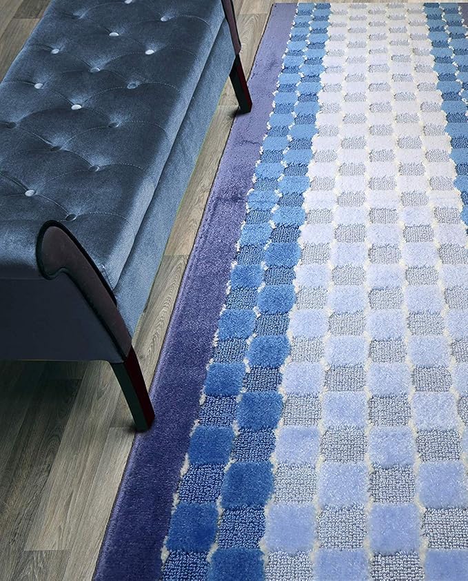 Custom Length Hallway Runner Rug,Slip Resistant,Checkered Blue, 26 Inch X 6 feet, Sold and Priced Per Foot