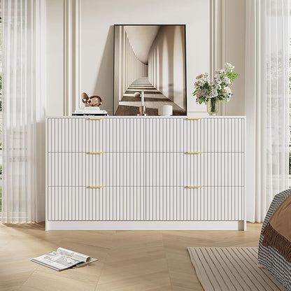 White Dresser for Bedroom, Modern Dresser with 6 Drawers and Smooth Slides, Wide Chest of Drawers with Golden Handles for Bedroom, Living Room, Closet, 15.7" D x 55.1" W x 31.4" H