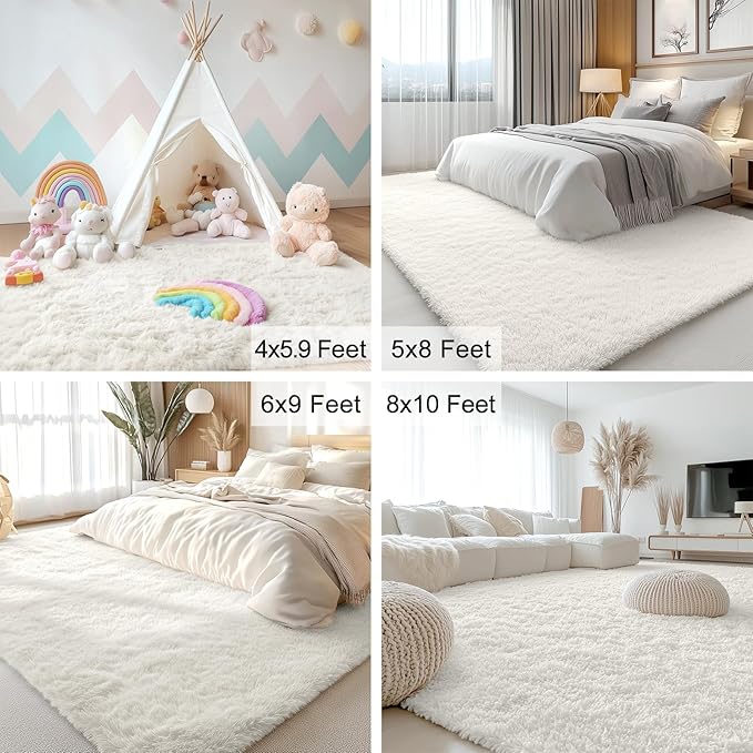 OLANLY 3x5 Machine Washable Small Bedside Rug, Soft Fluffy Shaggy Rugs for Living Room, Bedroom, Indoor Floor Carpet for Kids Girls and Boys, Preppy Dorms, Nursery, Home Decor Aesthetic, Ivory