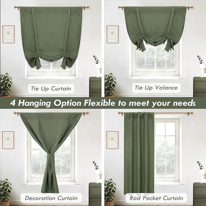 DriftAway Double Layer Linen Blackout Tie Up Curtains Thermal Insulated Fully Lined Balloon Roman Shade Bathroom Window Adjustable Rod Pocket for Small Window 45 Inch by 63 Inches Olive Green