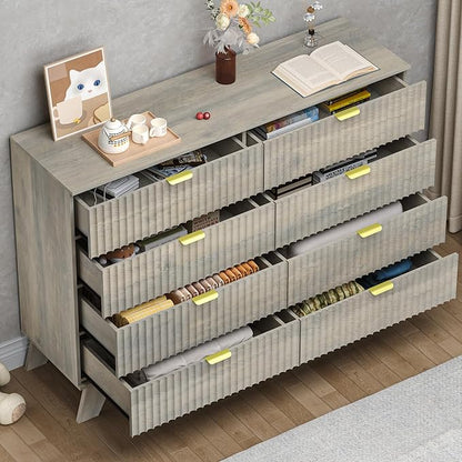 Fluted 8 Drawer Tall Dresser, 47.2" Wide Modern Boho Chest of Drawers, Wooden Storage Dresser TV Stand for Bedroom, Living Room, Closet, Hallway, Curved Profile Design