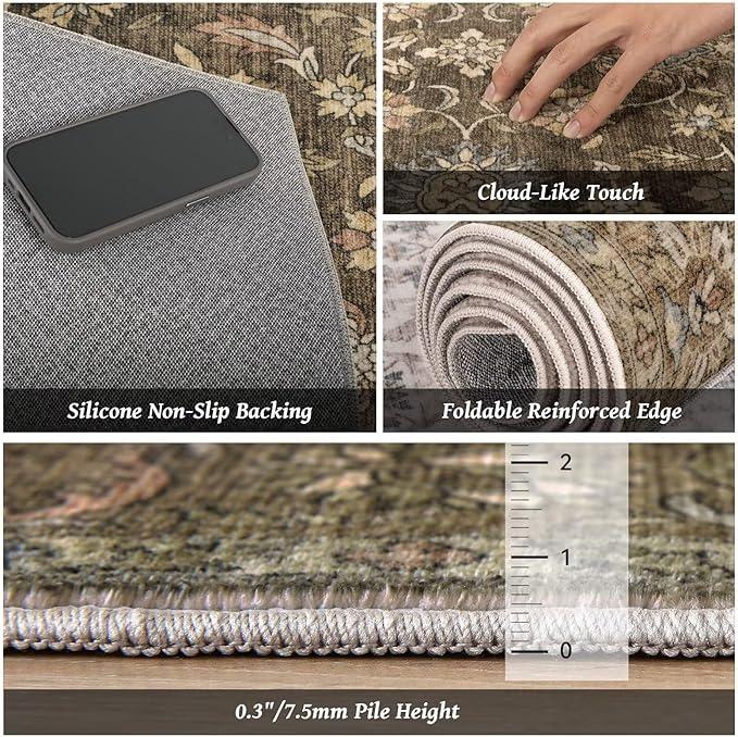 Washable 2x3 Entryway Rug, Boho Non-Slip Door Mat Vintage Distress Small Rugs for Kitchen Nursery Office Bedroom, 0.3" Neutral Oriental Throw Carpet with Cushioning Pad, Tan/Flaxen/Multi