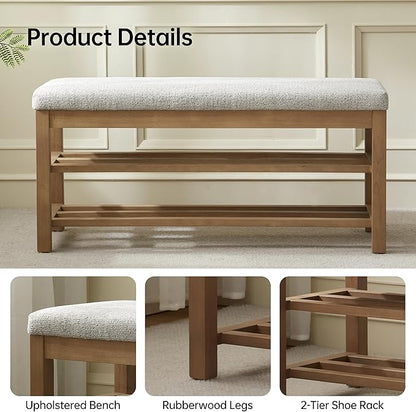 VKNOW Entryway Bench, 44.3” Upholstered Shoe Bench for Bedroom, 2-Tier Storage End of Bed Bench with Rubberwood Legs for Living Room, Hallway, Beige