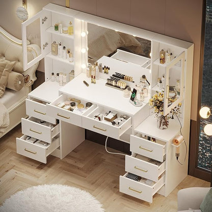 58.3”Vanity Desk with Mirror and Charging Station, Bedroom Dressing Table, Large Vanity Set, 8 Drawers and 2 Cabinets, Makeup Vanity Table with Charging Station, Without Lights
