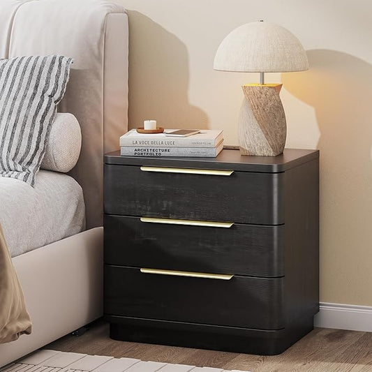 Black Nightstand Bedside Table with 3 Storage Drawers, 24" Tall Wood Night Stand with Charging Station, Modern Wide End Table Side Table W/Metal Handle Curved Profile for Bedroom