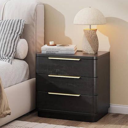 Black Nightstands Set of 2, Bedside Table with 3 Storage Drawers, 24" Tall Wood Night Stand with Charging Station, Modern Wide End Table Side Table W/Metal Handle Curved Profile for Bedroom