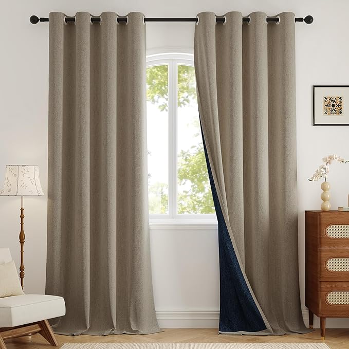 100% Blackout Curtains 80 inch Length 2 Panels Set for Bedroom/Living Room, Linen-Look Textured Full Light Blocking Room Darkening Thermal Insulated Noise Reduction Drapes (W52xL80, Taupe)