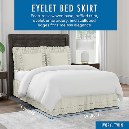 Fresh Ideas Eyelet Bed Skirt, Ruffled Design, 14 Inch Drop, Embroidered Scalloped Edge, Twin, Ivory