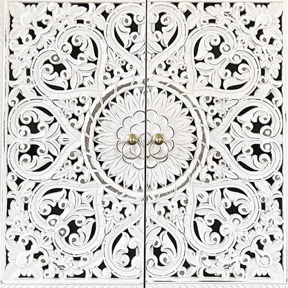PHI VILLA White Accent Cabinet with Doors, Hollow Carved Small Buffet Sideboard, 2 Door Storage Cabinets