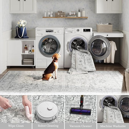 jinchan Lima 8x10 Machine Washable Area Rugs for Living Room - Vintage Floral Stain Resistant Low Pile Ultra-Thin Non Slip Accent Rug for Bedroom Kitchen Dining Room Home Office (8x10ft, Grey)