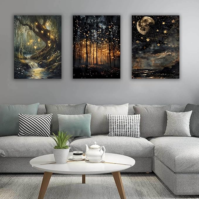 RYZopmuy Forest Wall Art Set – 3 Framed Moon & Fireflies Canvas Prints, Calming Nature-Inspired Décor for Modern Homes