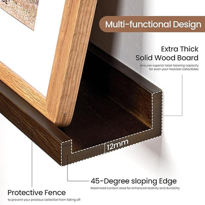 Fun Memories Picture Ledge Shelf, Solid Pine Wood Floating Shelves Set of 4, 16 Inches Nursery Book Shelves for Toys Storage, Kids Bookshelf Wall Mounted for Living Room Decor Photo Frames, Walnut