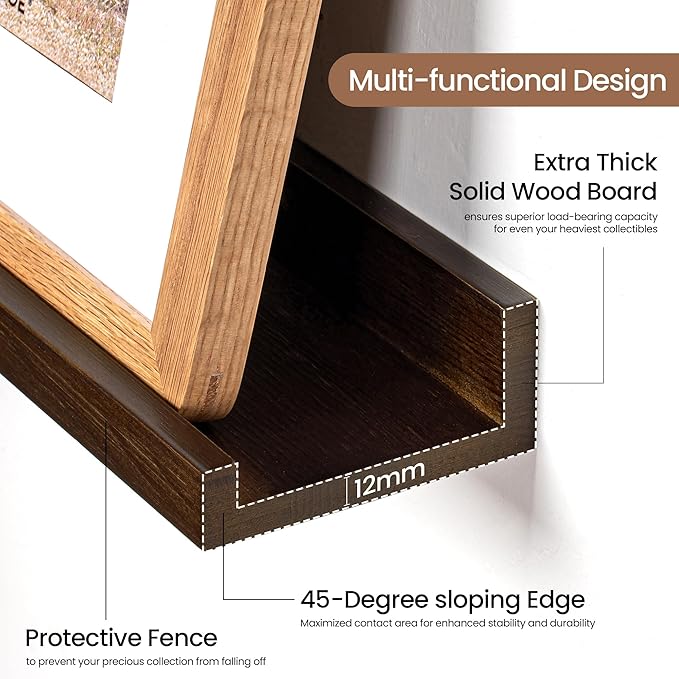Picture Ledge Shelf, Floating Shelves Set of 2, 36 Inches Solid Wood Nursery Book Shelves for Toys Storage, Kids Bookshelf Wall Mounted for Living Room Bedroom Decor Books Photo Frames, Walnut