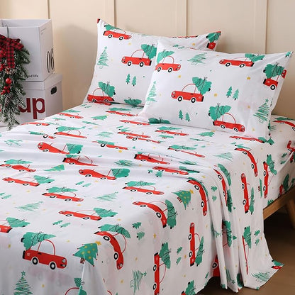 JSD Red Cars Christmas Kids Sheet Set Twin Size, 3 Piece Soft Holiday Printed Microfiber Bed Sheets Deep Pocket